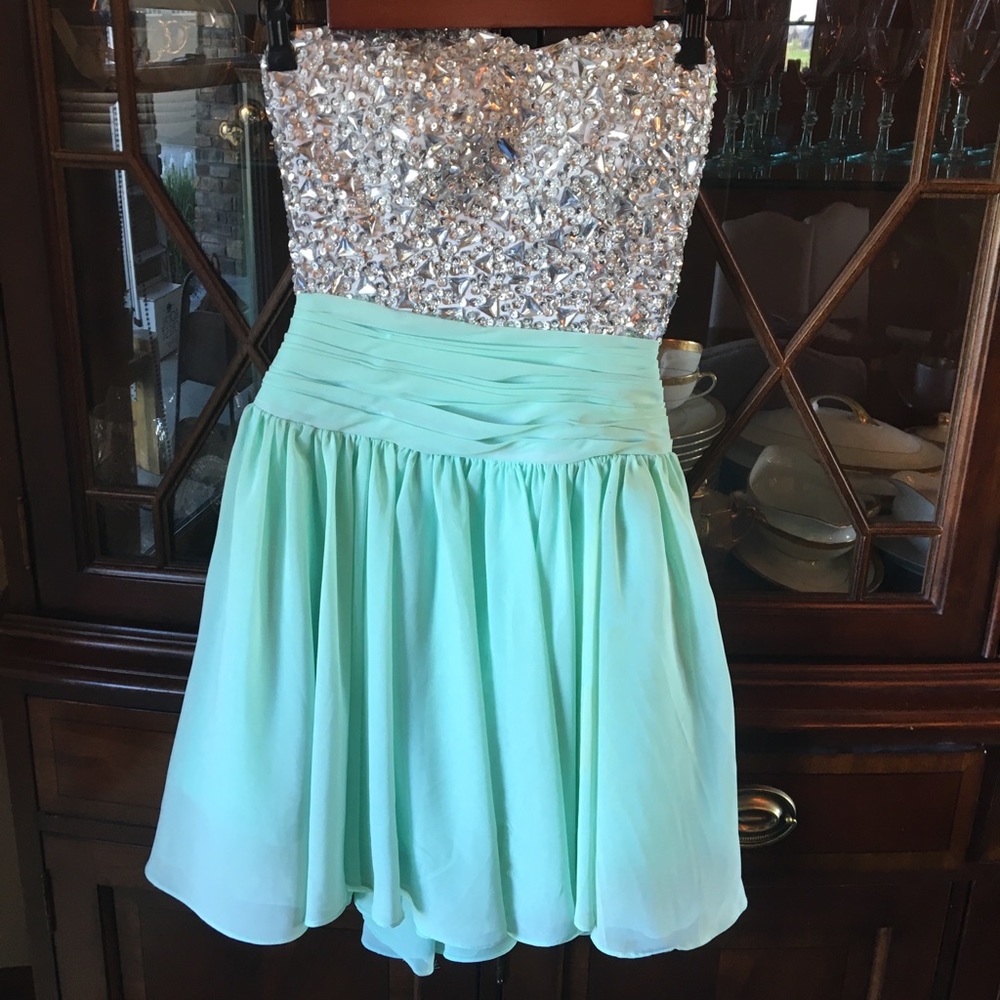 Strapless aqua and rhinestoned dress